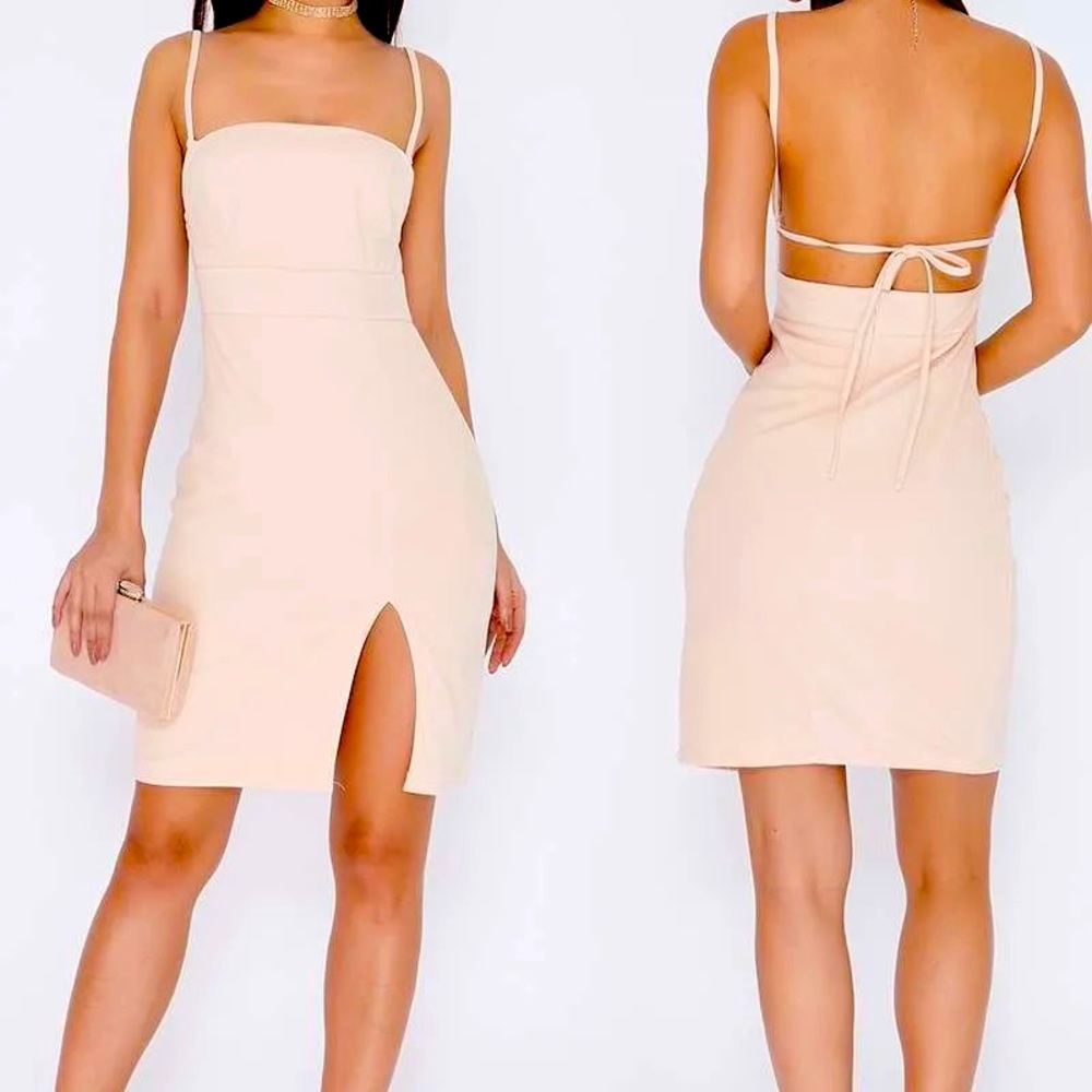 TAMMY HEMBROW NUDE SQUARE NECK THIGH SPLIT DRESS